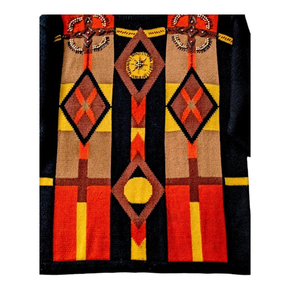 Chunky Knit Sweater Color Blocks Beaded Embroidery Retro Vibe XL - Picture 4 of 7